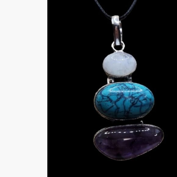Howlite Moonstone Amethyst Pendant Handmade 925 silver overlay one of a kind Art - Picture 1 of 4